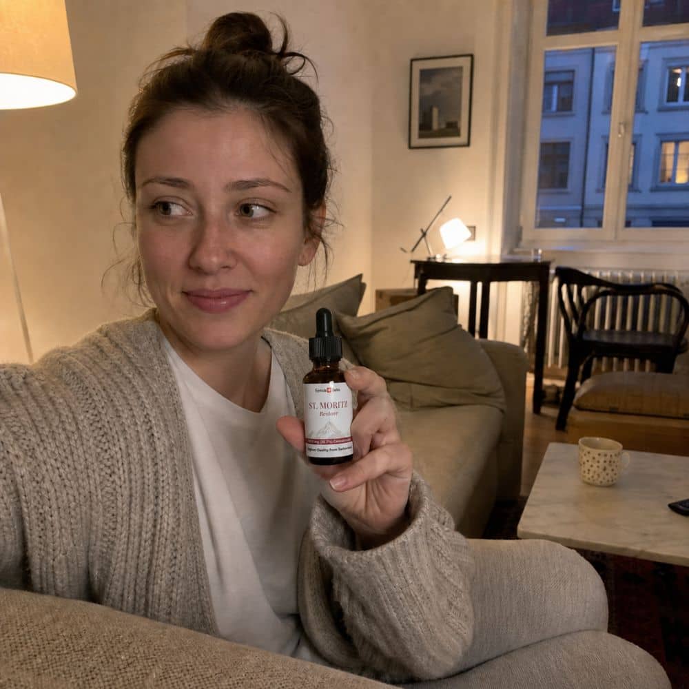 Woman holding a bottle of St. Moritz CBD oil in a living room setting