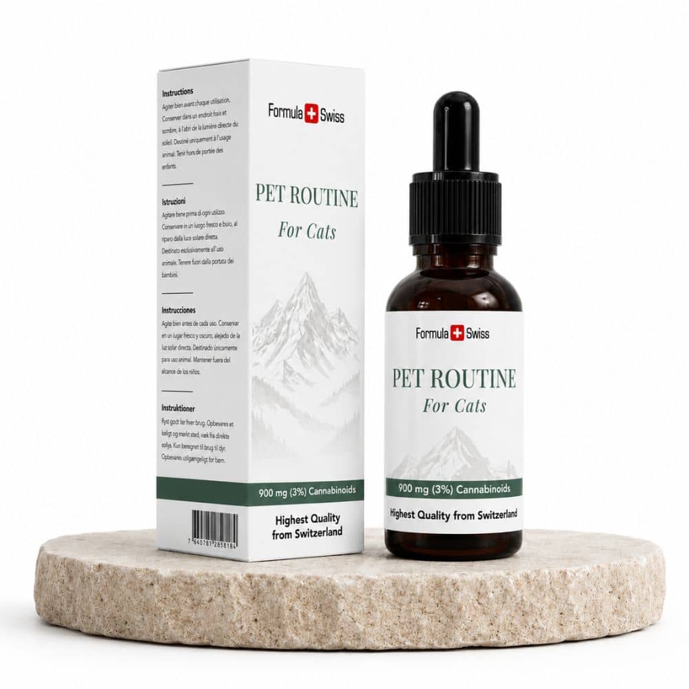 Bottle and packaging of Formula Swiss Pet Routine for Cats on a white background