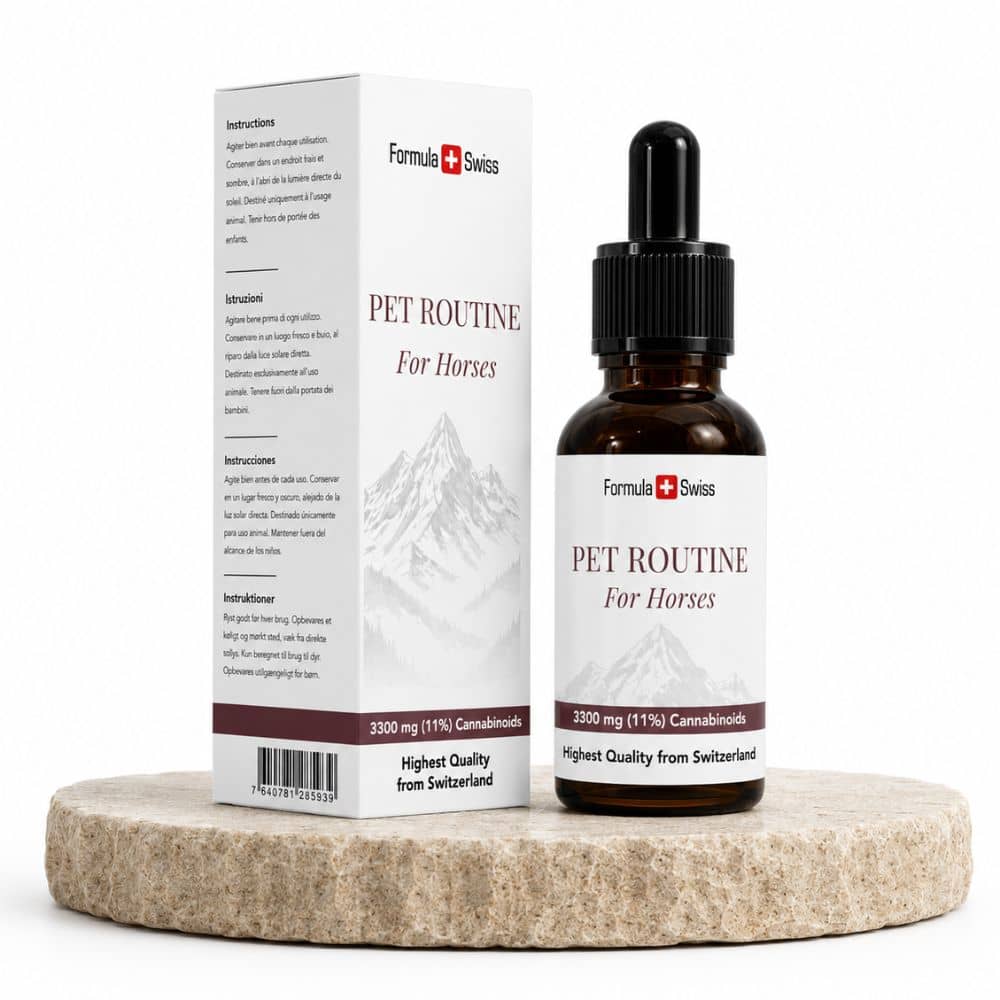 Bottle and packaging of 'Pet Routine for Horses' by Formula Swiss on a white background
