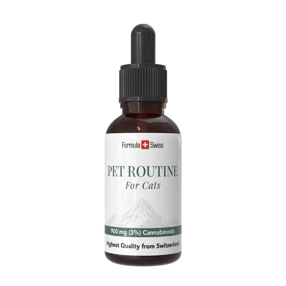 Bottle of 'Pet Routine for Cats' with Formula Swiss branding on a white background