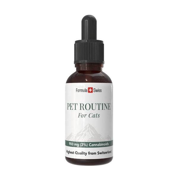 Bottle of 'Pet Routine for Cats' with Formula Swiss branding on a white background