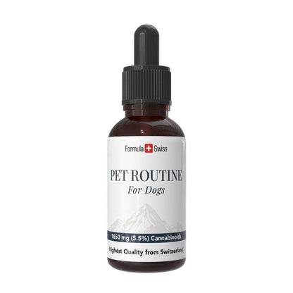 Bottle of 'Pet Routine for Dogs' with a white label on a white background