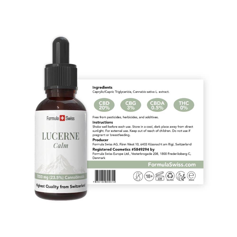 Bottle of Lucerne Calm with its label on a white background
