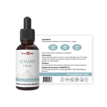 CBD dropper bottle labeled 'Lugano Clarity' by Formula Swiss on a white background.