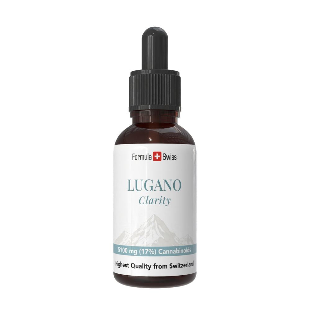 Bottle of Lugano Clarity with Formula Swiss branding on a white background