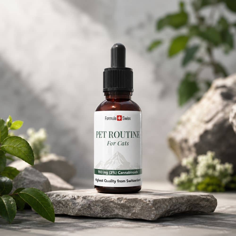 Bottle of 'Pet Routine for Cats' on a stone surface with greenery in the background