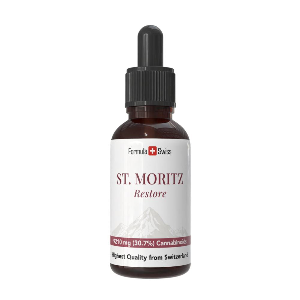 Bottle of St Moritz with Formula Swiss branding on a white background