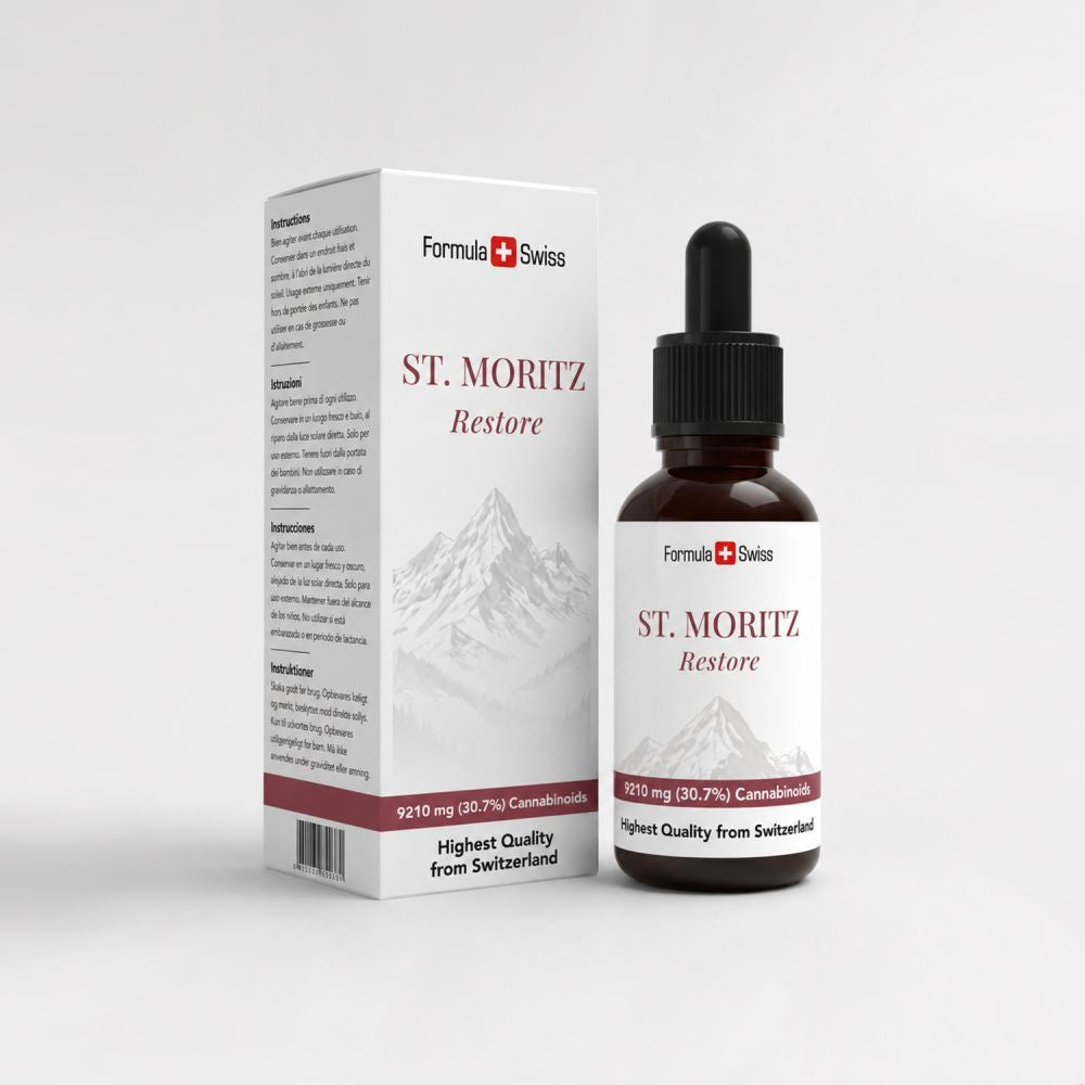 St. Moritz Restore bottle and packaging on a white background