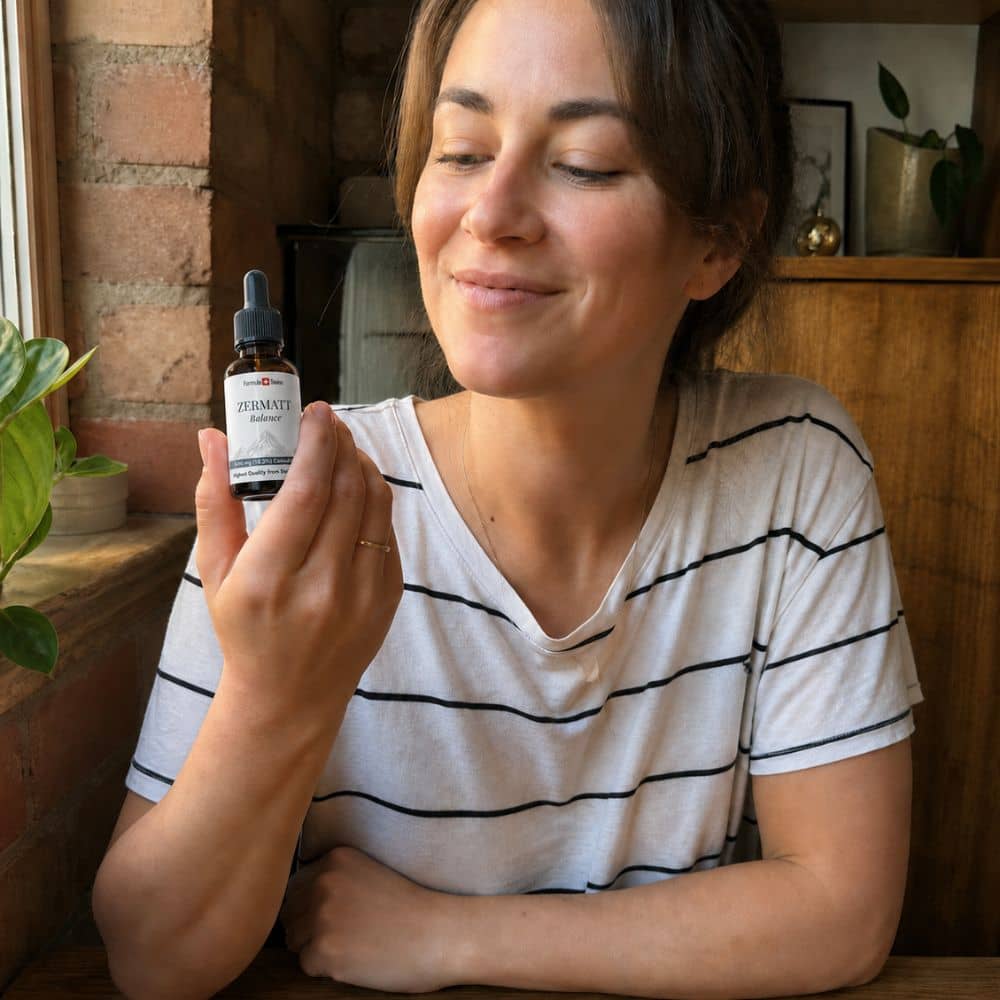 Woman holding a bottle of Zermatt CBD oil in a cozy indoor setting.