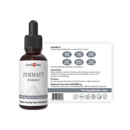 Zermatt Balance CBD bottle with label on a white background