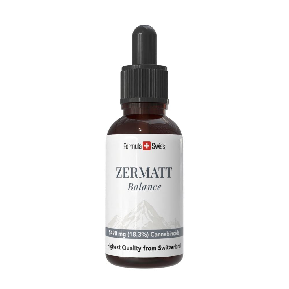 Bottle of Zermatt CBD oil with Formula Swiss branding on a white background