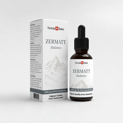 Zermatt Balance cannabis product packaging with bottle and box on a light gray background